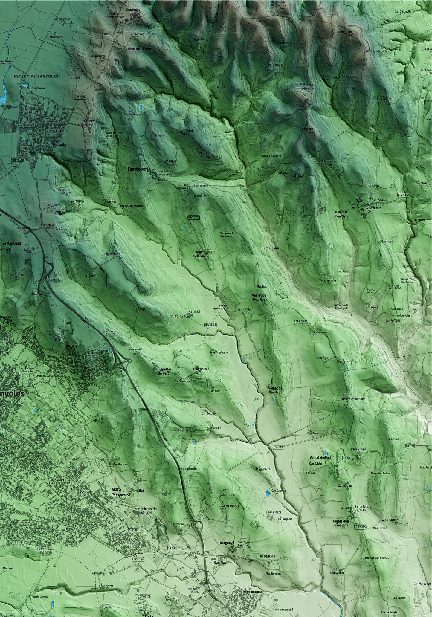 Mapa artístico del relieve de Camós, en el Pla de l'Estany, con 15 km de entorno y base topográfica ICGC. Detalle de la zona superior derecha.