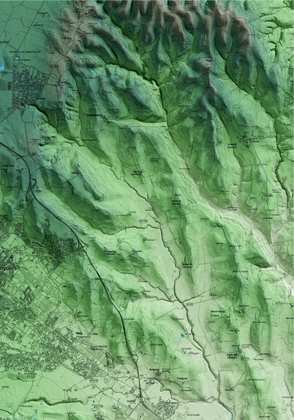 Mapa artístico del relieve de Camós, en el Pla de l'Estany, con 15 km de entorno y base topográfica ICGC. Detalle de la zona superior derecha.