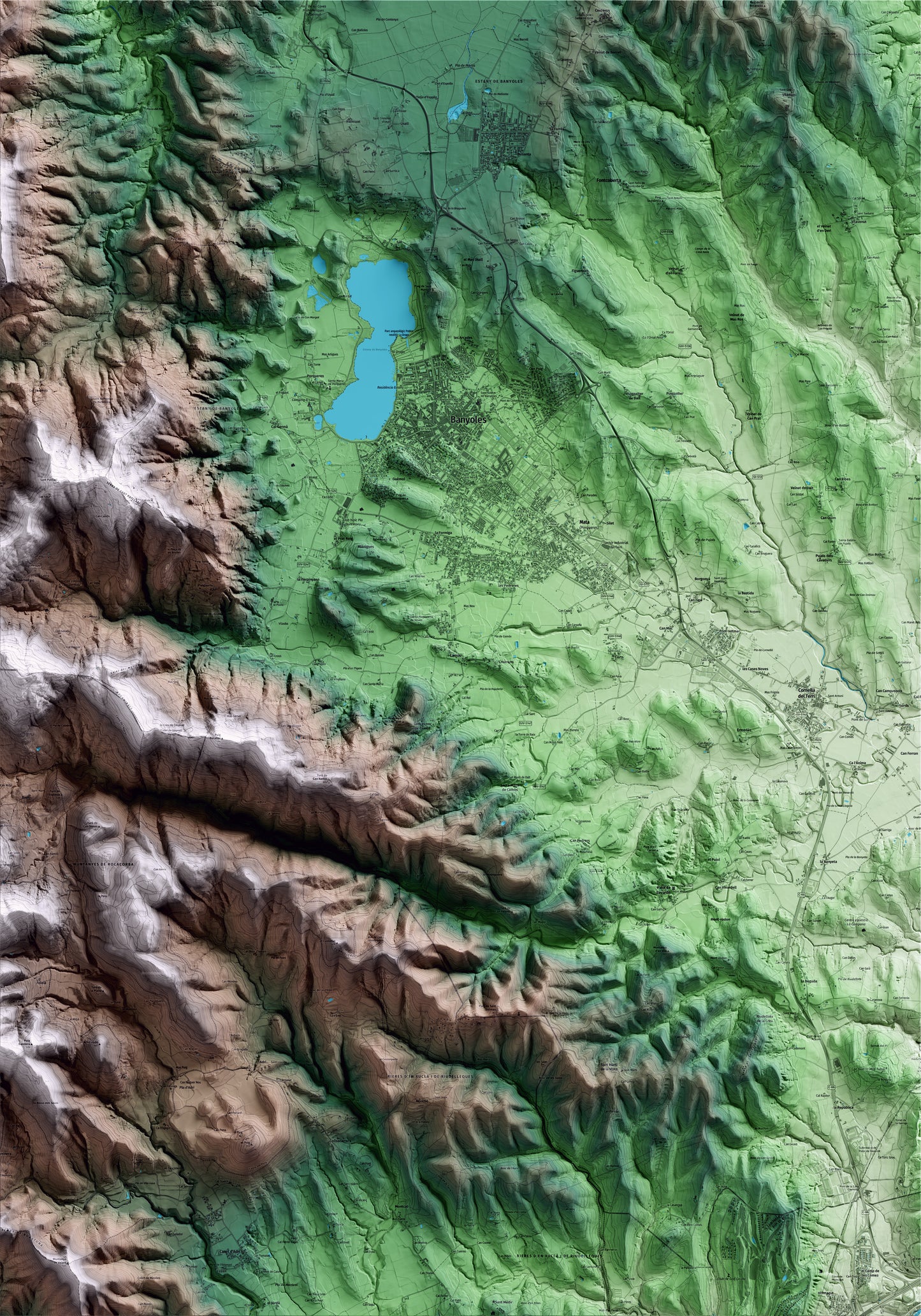 Mapa artístico del relieve de Camós, en el Pla de l'Estany, con 15 km de entorno y base topográfica ICGC