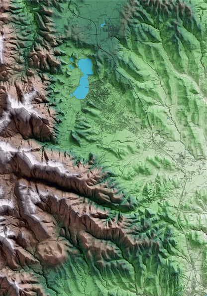 Mapa artístico del relieve de Camós, en el Pla de l'Estany, con 15 km de entorno y base topográfica ICGC