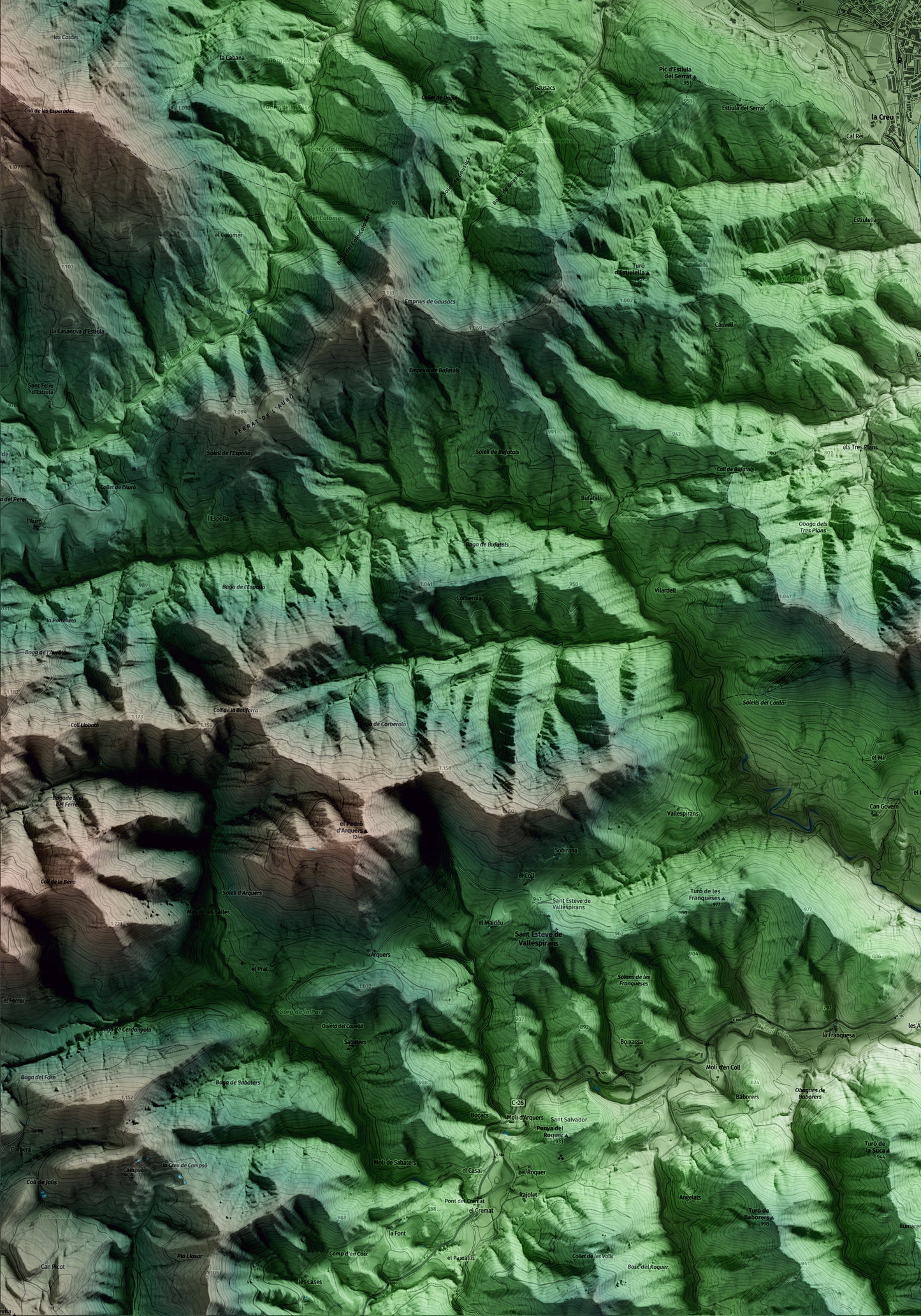 Mapa artístico del relieve de Campdevànol, al Ripollès, con 15 km de entorno y base topográfica ICGC. Detalle de la zona inferior izquierda.