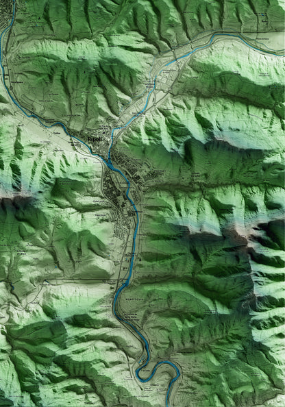 Mapa artístico del relieve de Campdevànol, al Ripollès, con 15 km de entorno y base topográfica ICGC. Detalle de la zona inferior derecha.