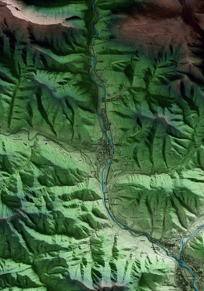 Mapa artístico del relieve de Campdevànol, al Ripollès, con 15 km de entorno y base topográfica ICGC. Detalle de la zona central.