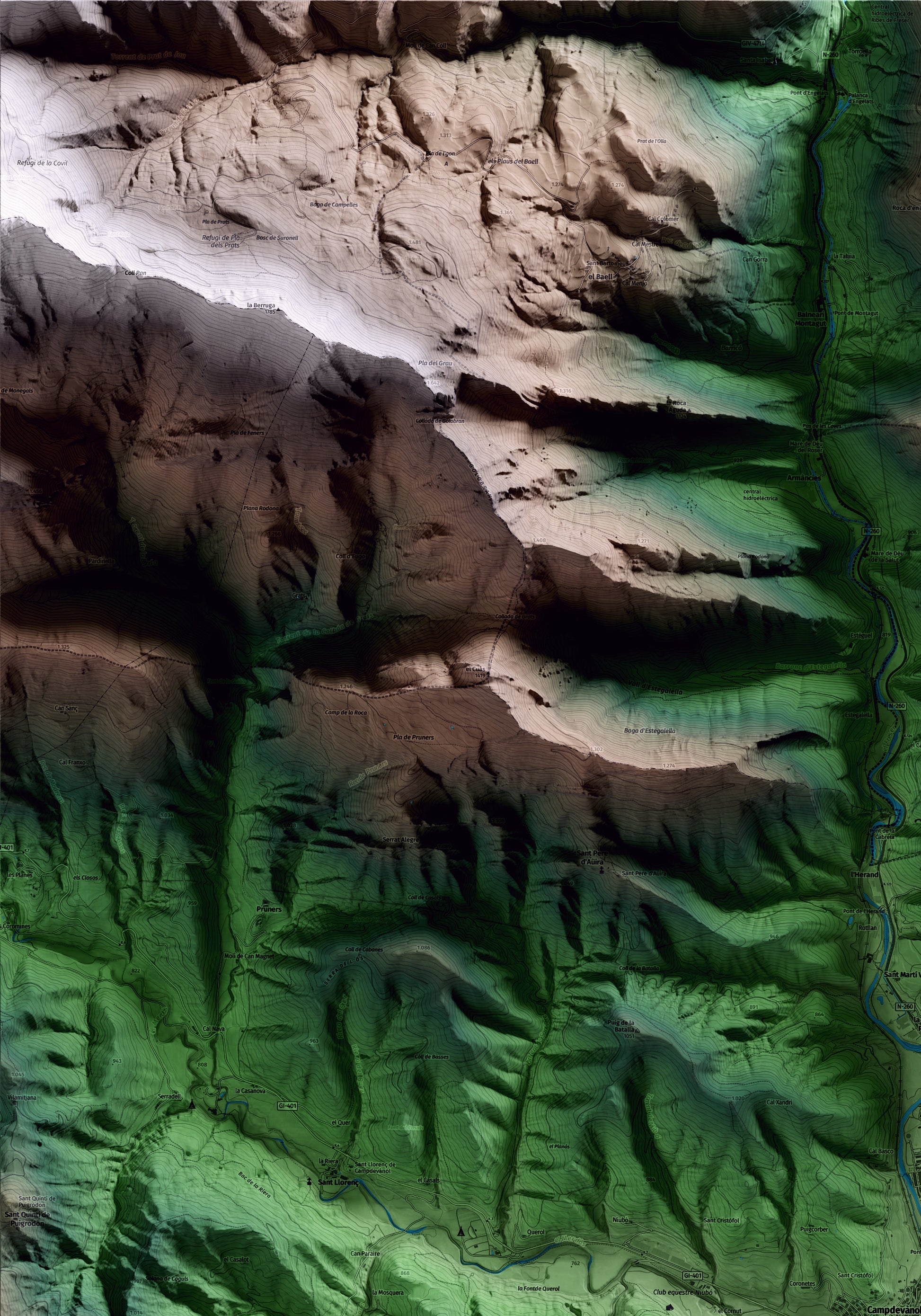 Mapa artístico del relieve de Campdevànol, al Ripollès, con 15 km de entorno y base topográfica ICGC. Detalle de la zona superior izquierda.