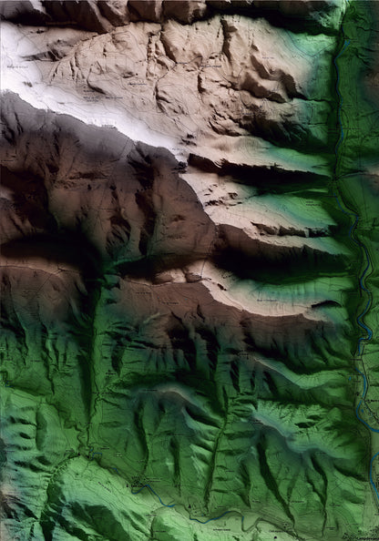 Mapa artístico del relieve de Campdevànol, al Ripollès, con 15 km de entorno y base topográfica ICGC. Detalle de la zona superior izquierda.