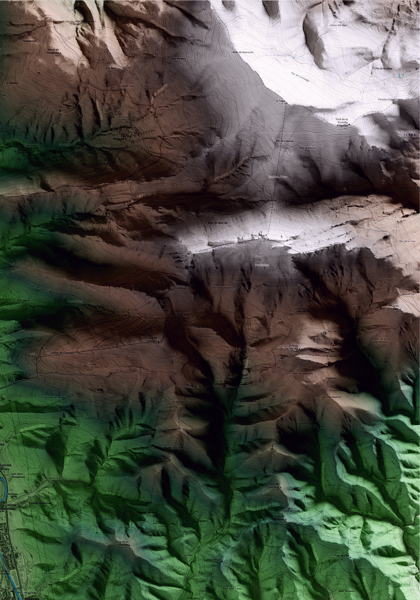 Mapa artístico del relieve de Campdevànol, al Ripollès, con 15 km de entorno y base topográfica ICGC. Detalle de la zona superior derecha.