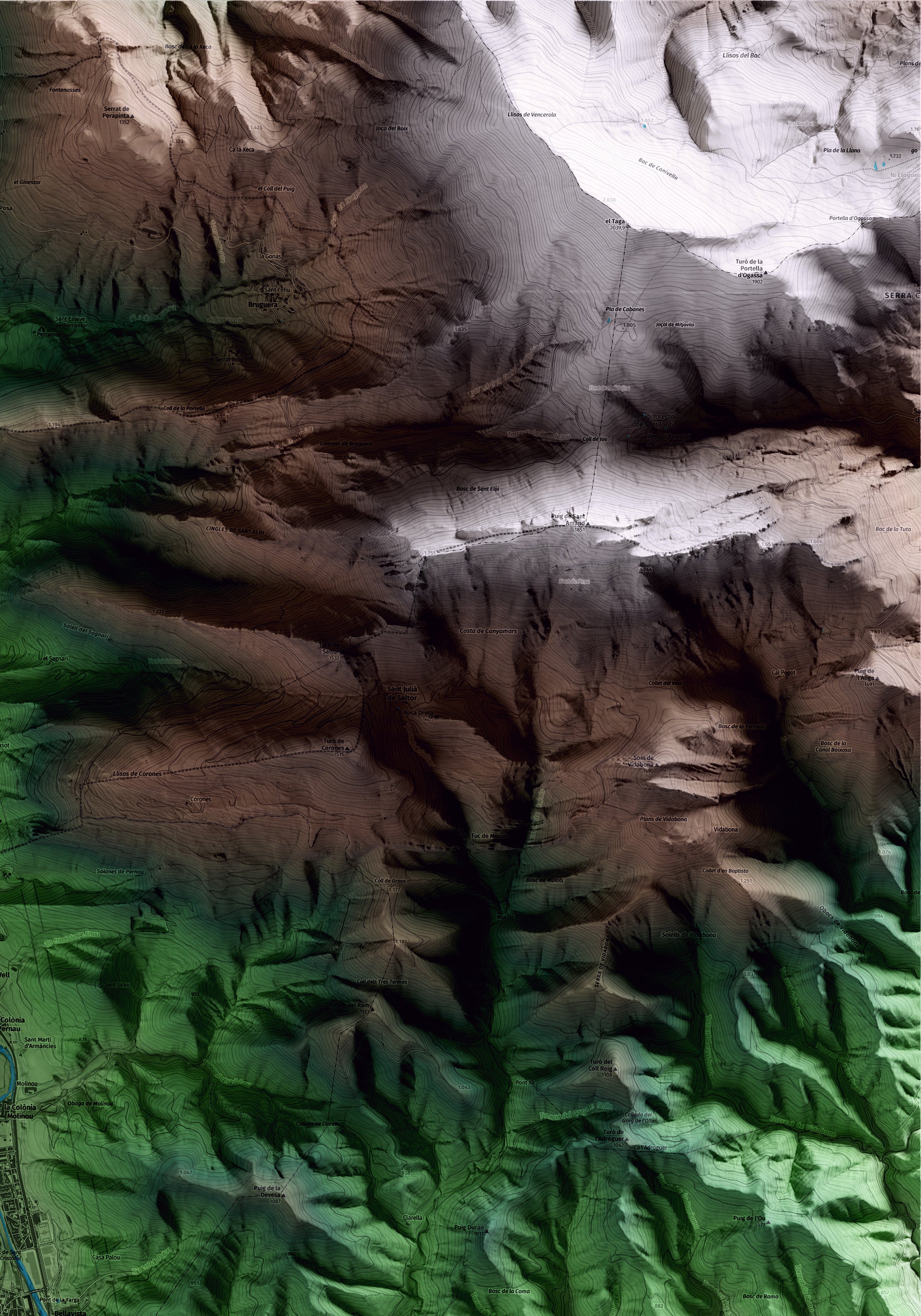 Mapa artístico del relieve de Campdevànol, al Ripollès, con 15 km de entorno y base topográfica ICGC. Detalle de la zona superior derecha.