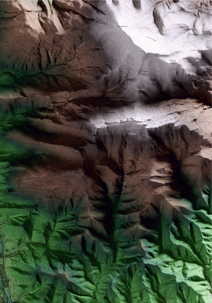 Mapa artístico del relieve de Campdevànol, al Ripollès, con 15 km de entorno y base topográfica ICGC. Detalle de la zona superior derecha.
