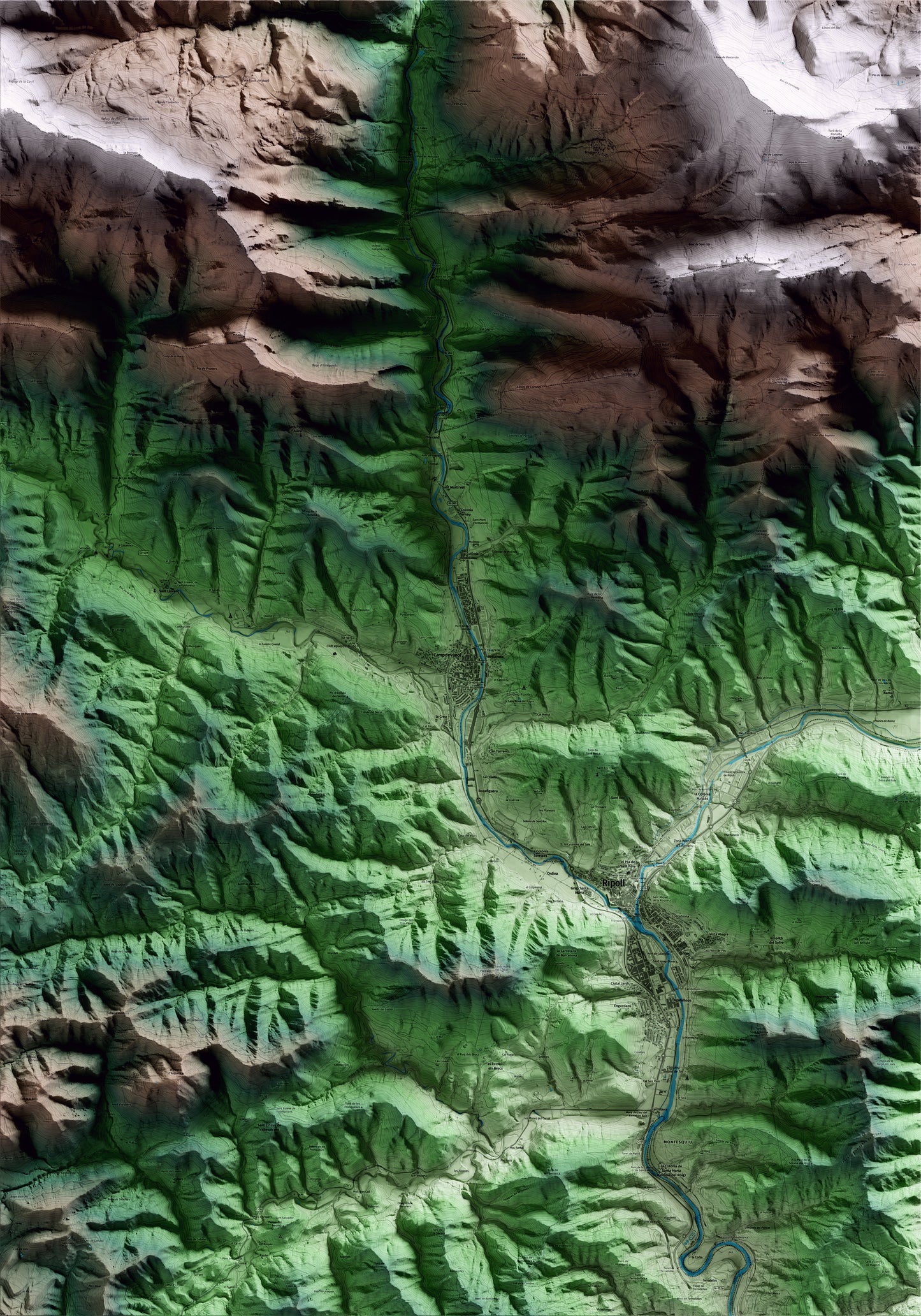 Mapa artístico del relieve de Campdevànol, al Ripollès, con 15 km de entorno y base topográfica ICGC
