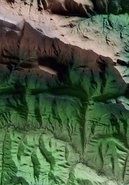 Mapa artístico del relieve de Campelles, al Ripollès, con 15 km de entorno y base topográfica ICGC. Detalle de la zona inferior izquierda.