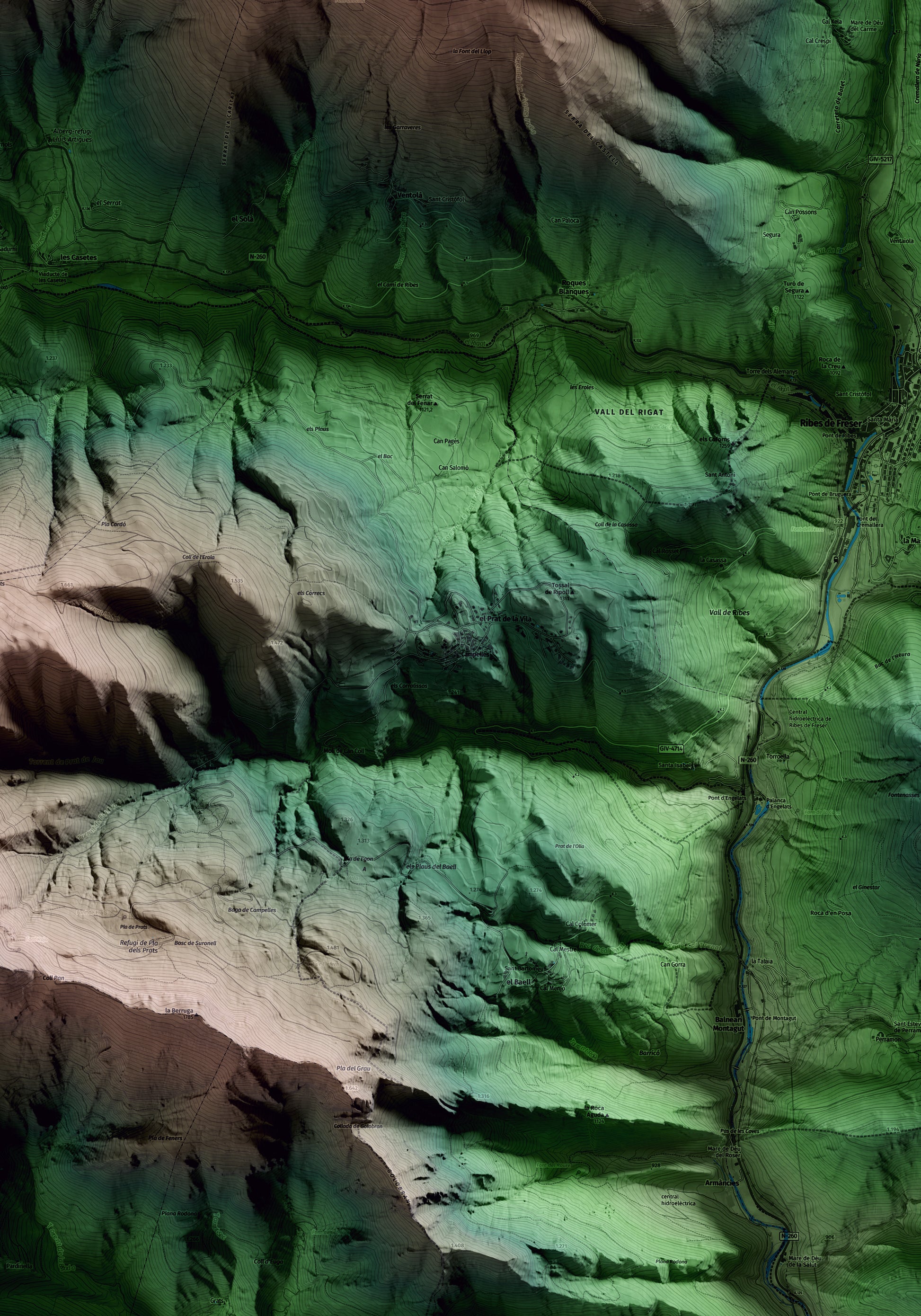 Mapa artístico del relieve de Campelles, al Ripollès, con 15 km de entorno y base topográfica ICGC. Detalle de la zona central.