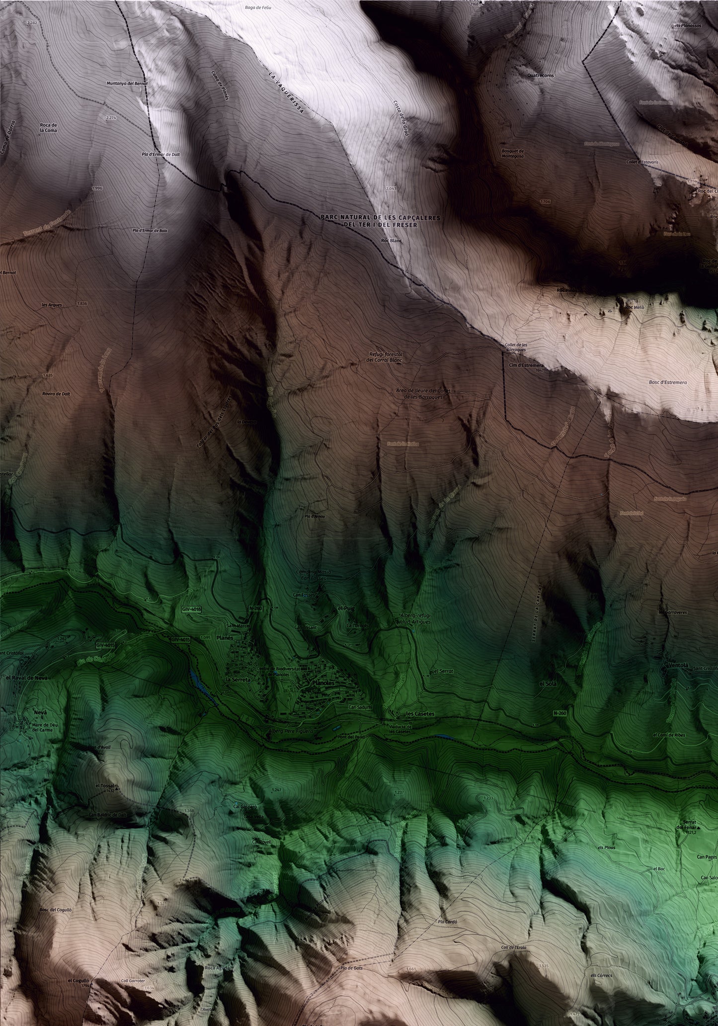 Mapa artístico del relieve de Campelles, al Ripollès, con 15 km de entorno y base topográfica ICGC. Detalle de la zona superior izquierda.