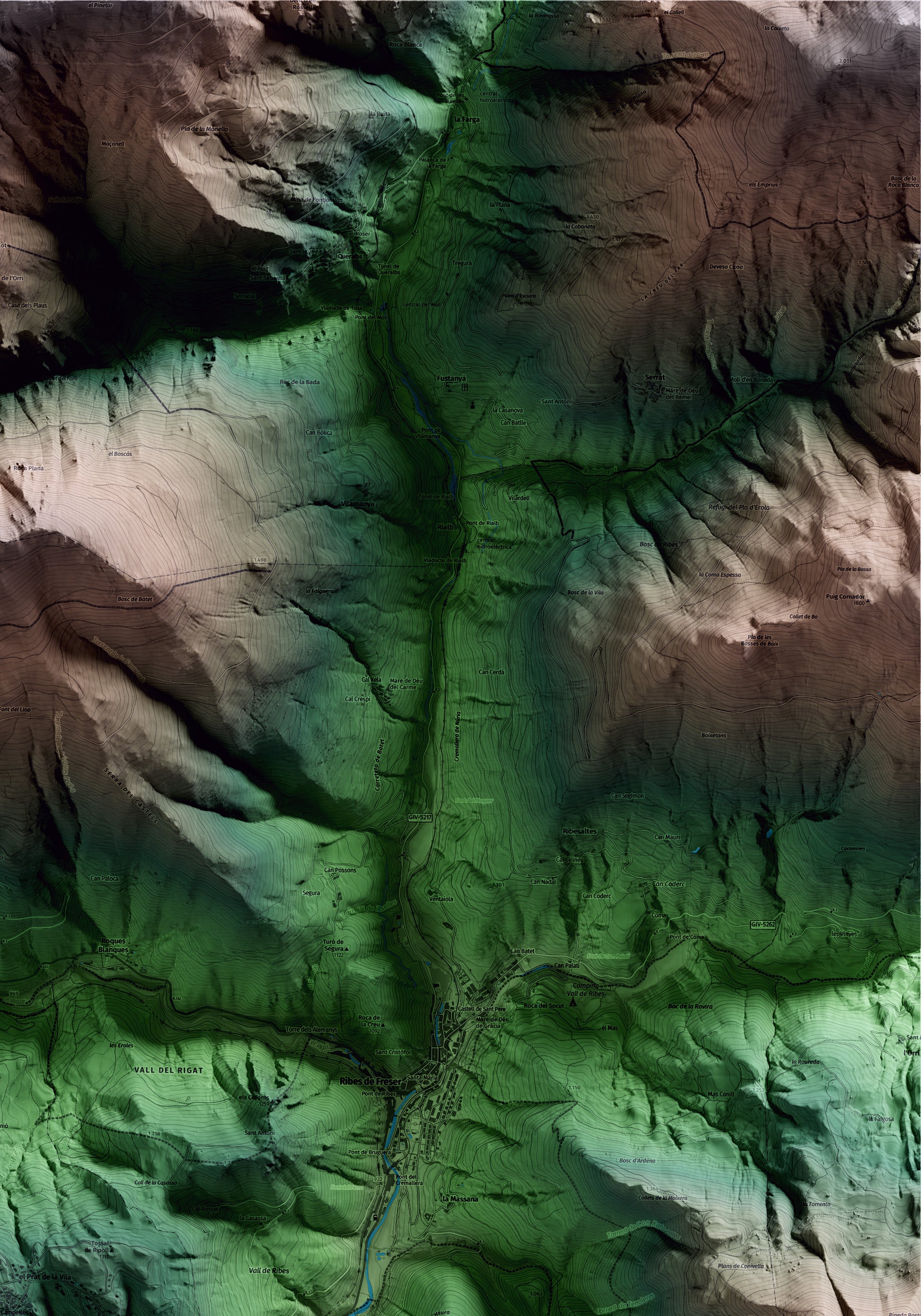 Mapa artístico del relieve de Campelles, al Ripollès, con 15 km de entorno y base topográfica ICGC. Detalle de la zona superior derecha.