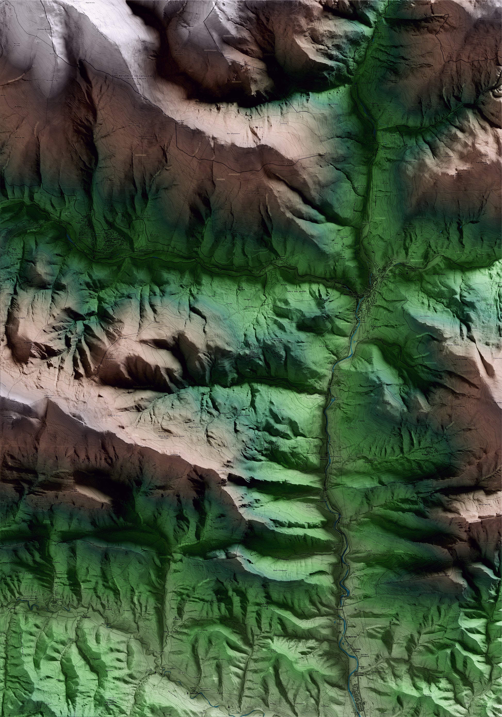 Mapa artístico del relieve de Campelles, al Ripollès, con 15 km de entorno y base topográfica ICGC