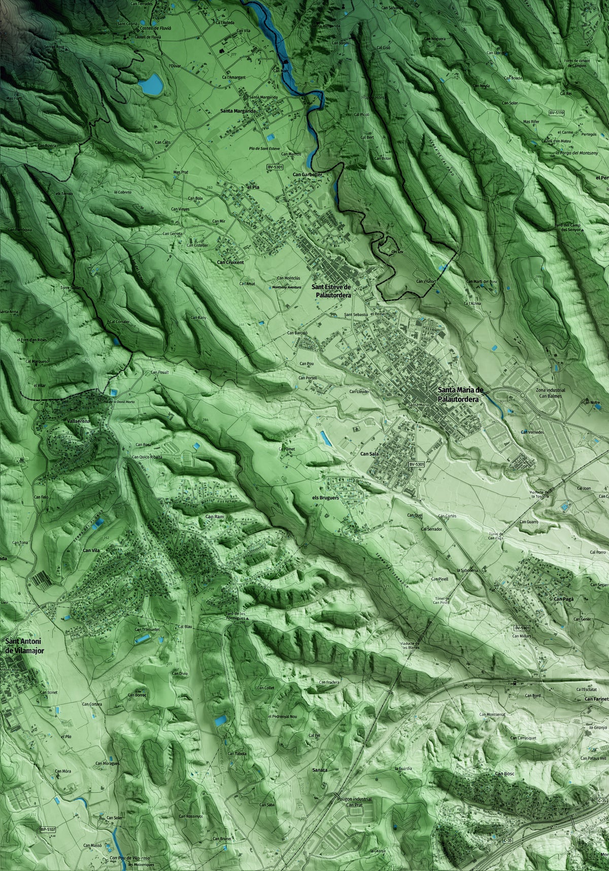 Mapa artístico del relieve de Campins, al Vallès Oriental, con 15 km de entorno y base topográfica ICGC. Detalle de la zona inferior izquierda.