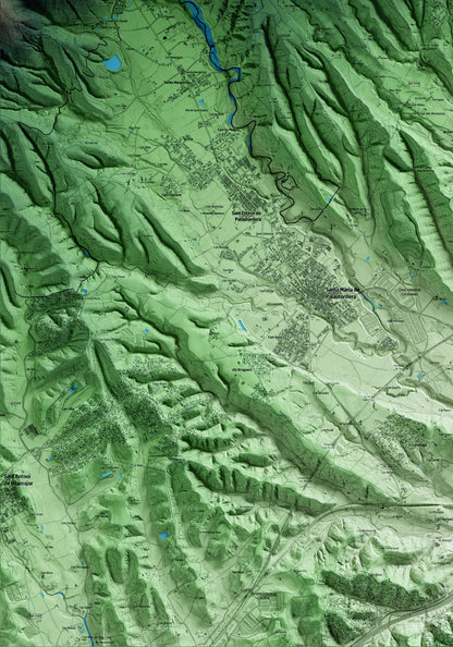 Mapa artístico del relieve de Campins, al Vallès Oriental, con 15 km de entorno y base topográfica ICGC. Detalle de la zona inferior izquierda.