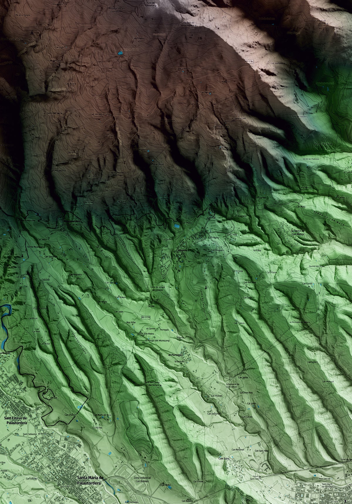 Mapa artístico del relieve de Campins, al Vallès Oriental, con 15 km de entorno y base topográfica ICGC. Detalle de la zona central.