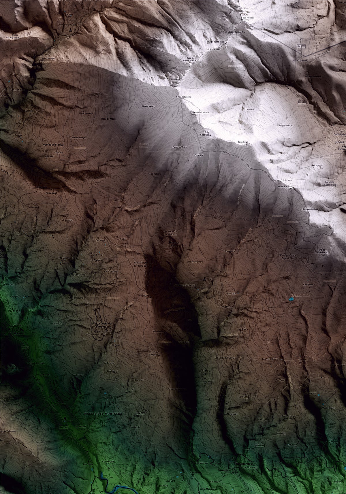 Mapa artístico del relieve de Campins, al Vallès Oriental, con 15 km de entorno y base topográfica ICGC. Detalle de la zona superior izquierda.