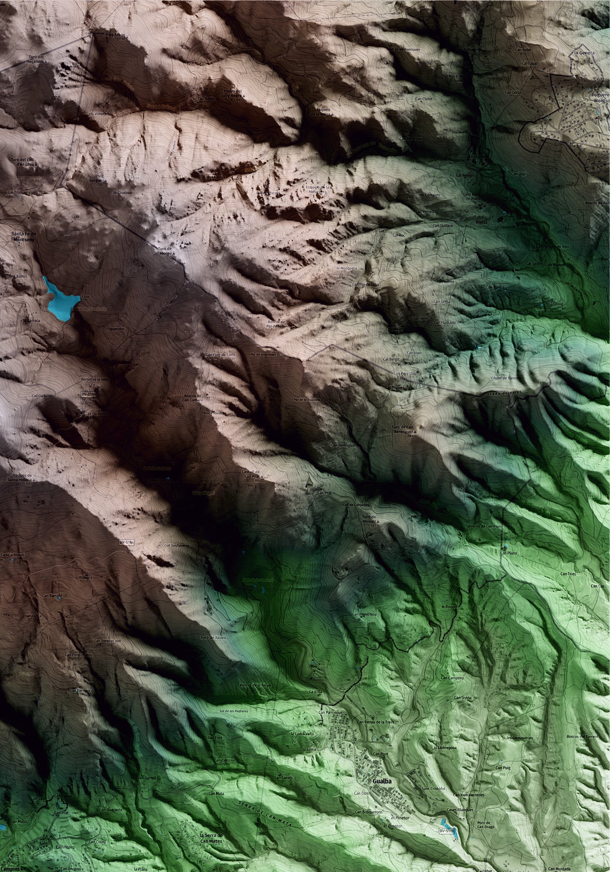 Mapa artístico del relieve de Campins, al Vallès Oriental, con 15 km de entorno y base topográfica ICGC. Detalle de la zona superior derecha.