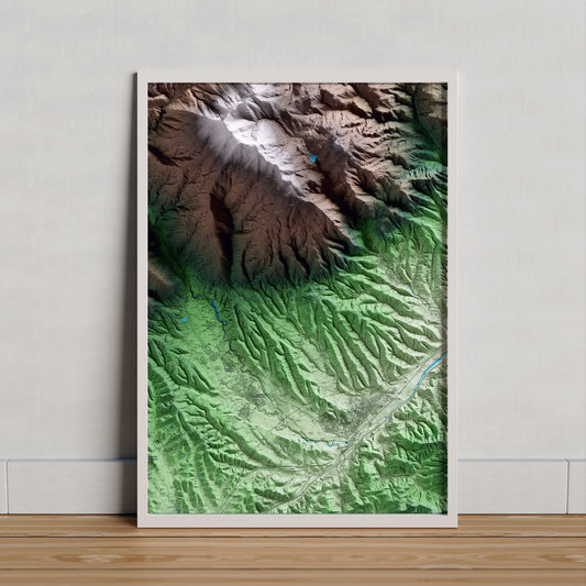 Mapa artístico del relieve de Campins, al Vallès Oriental, con 15 km de entorno y base topográfica ICGC. Presentación enmarcada.