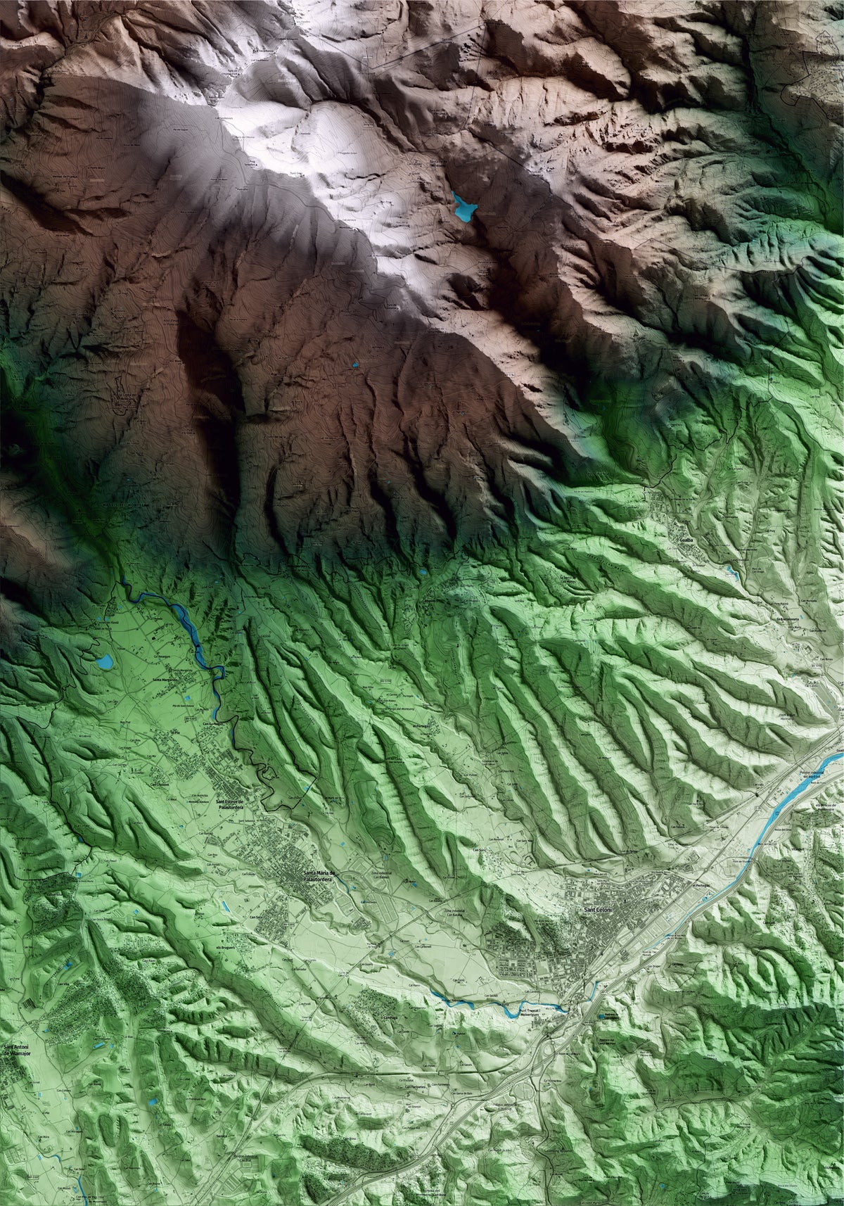 Mapa artístico del relieve de Campins, al Vallès Oriental, con 15 km de entorno y base topográfica ICGC