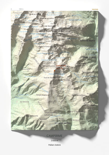 Mapa de relieve de Campirme, 2633 m, Pallars Sobirà, lámina 100 Cims de Trobart 21 × 30 cm.