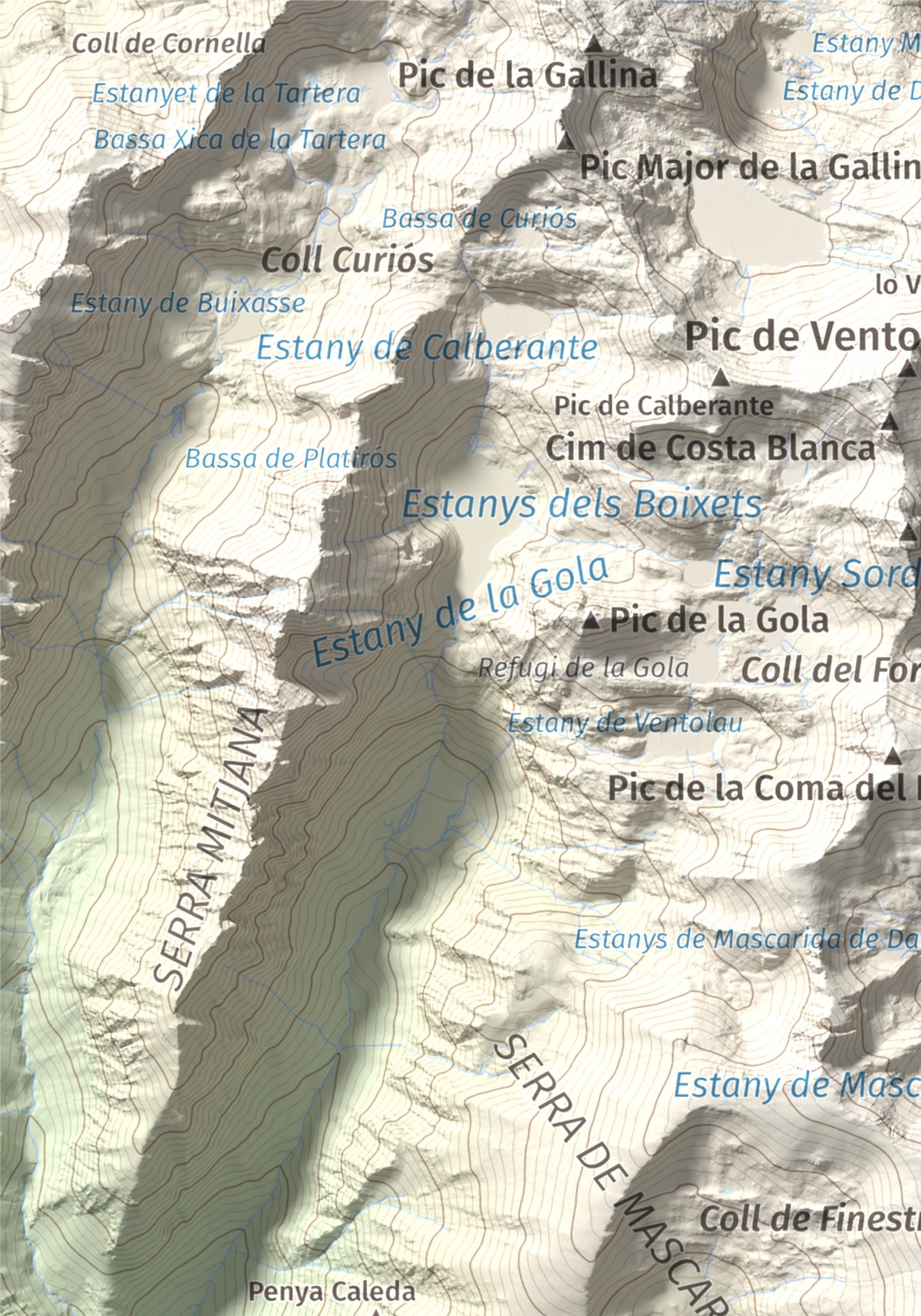 Mapa de relieve de Campirme, 2633 m, Pallars Sobirà, lámina 100 Cims de Trobart. Detalle de la zona superior izquierda. 21 × 30 cm.