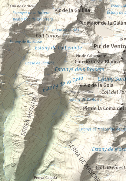Mapa de relieve de Campirme, 2633 m, Pallars Sobirà, lámina 100 Cims de Trobart. Detalle de la zona superior izquierda. 21 × 30 cm.