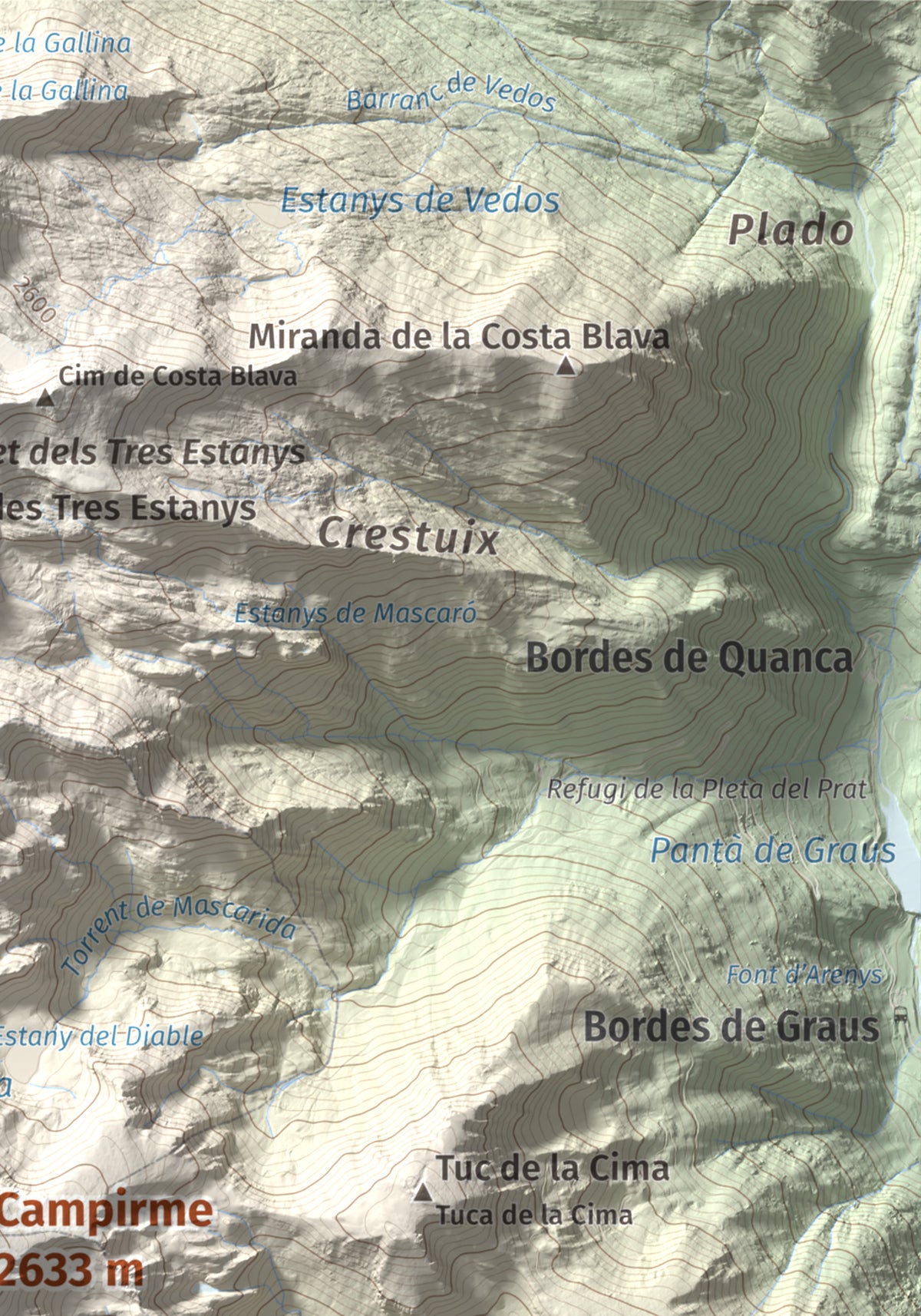 Mapa de relieve de Campirme, 2633 m, Pallars Sobirà, lámina 100 Cims de Trobart. Detalle de la zona superior derecha. 21 × 30 cm.