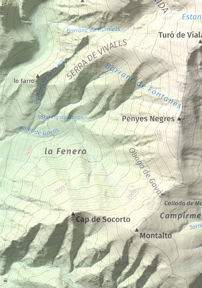 Mapa de relieve de Campirme, 2633 m, Pallars Sobirà, lámina 100 Cims de Trobart. Detalle de la zona inferior izquierda. 21 × 30 cm.