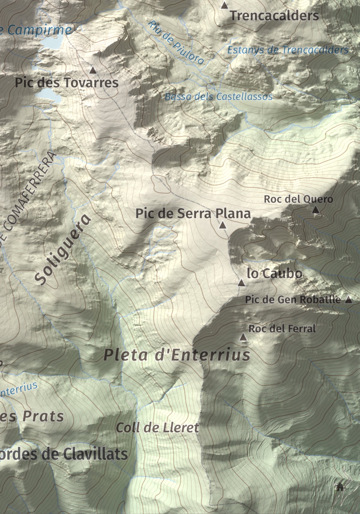 Mapa de relieve de Campirme, 2633 m, Pallars Sobirà, lámina 100 Cims de Trobart. Detalle de la zona inferior derecha. 21 × 30 cm.
