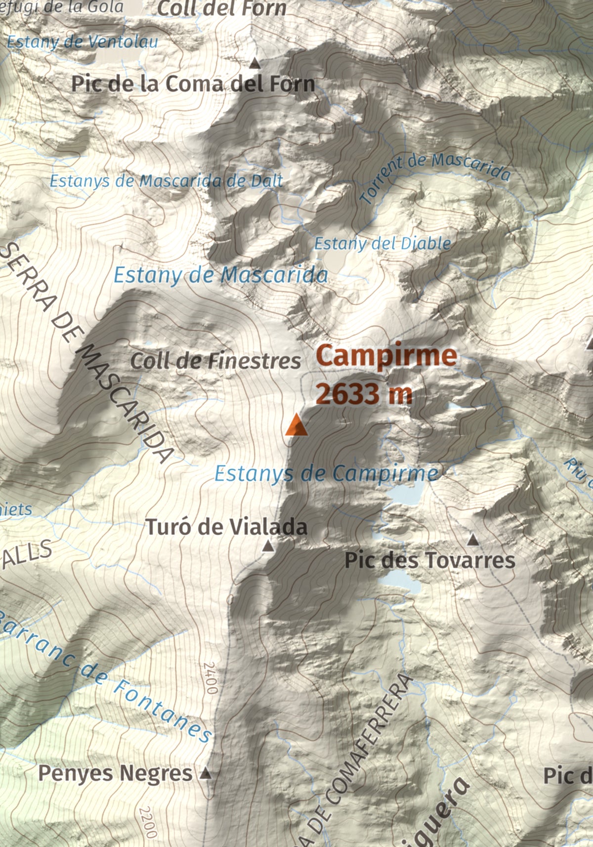 Mapa de relieve de Campirme, 2633 m, Pallars Sobirà, lámina 100 Cims de Trobart. Detalle de la zona central. 21 × 30 cm.