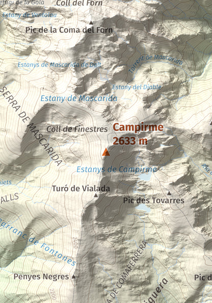 Mapa de relieve de Campirme, 2633 m, Pallars Sobirà, lámina 100 Cims de Trobart. Detalle de la zona central. 21 × 30 cm.
