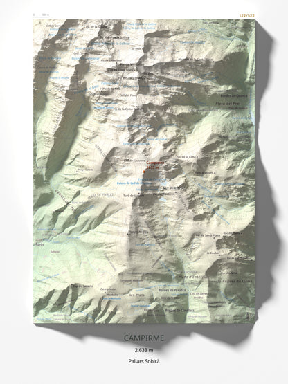 Mapa de relieve de Campirme, 2633 m, Pallars Sobirà, lámina 100 Cims de Trobart 30 × 40 cm.