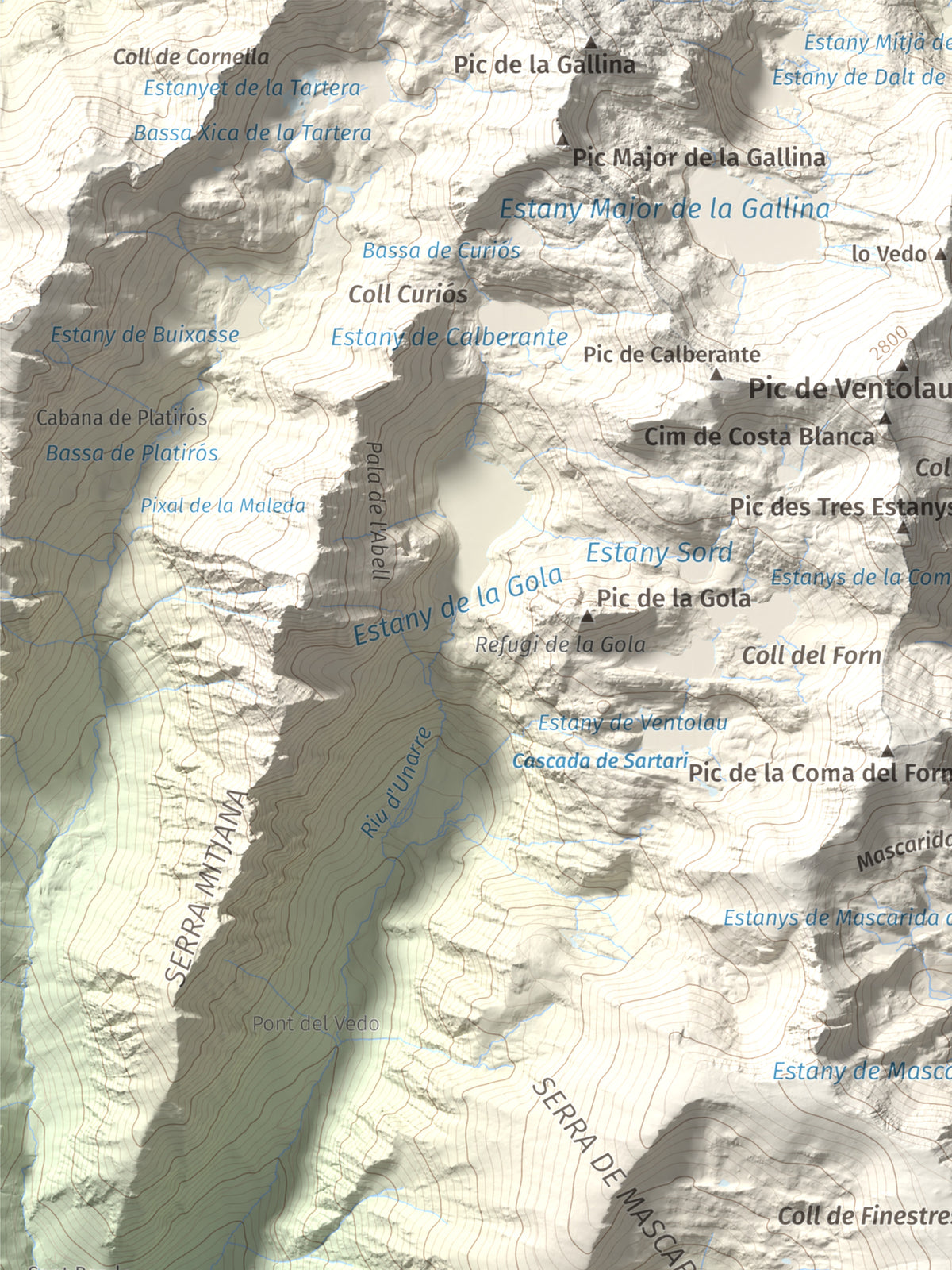 Mapa de relieve de Campirme, 2633 m, Pallars Sobirà, lámina 100 Cims de Trobart. Detalle de la zona superior izquierda. 30 × 40 cm.