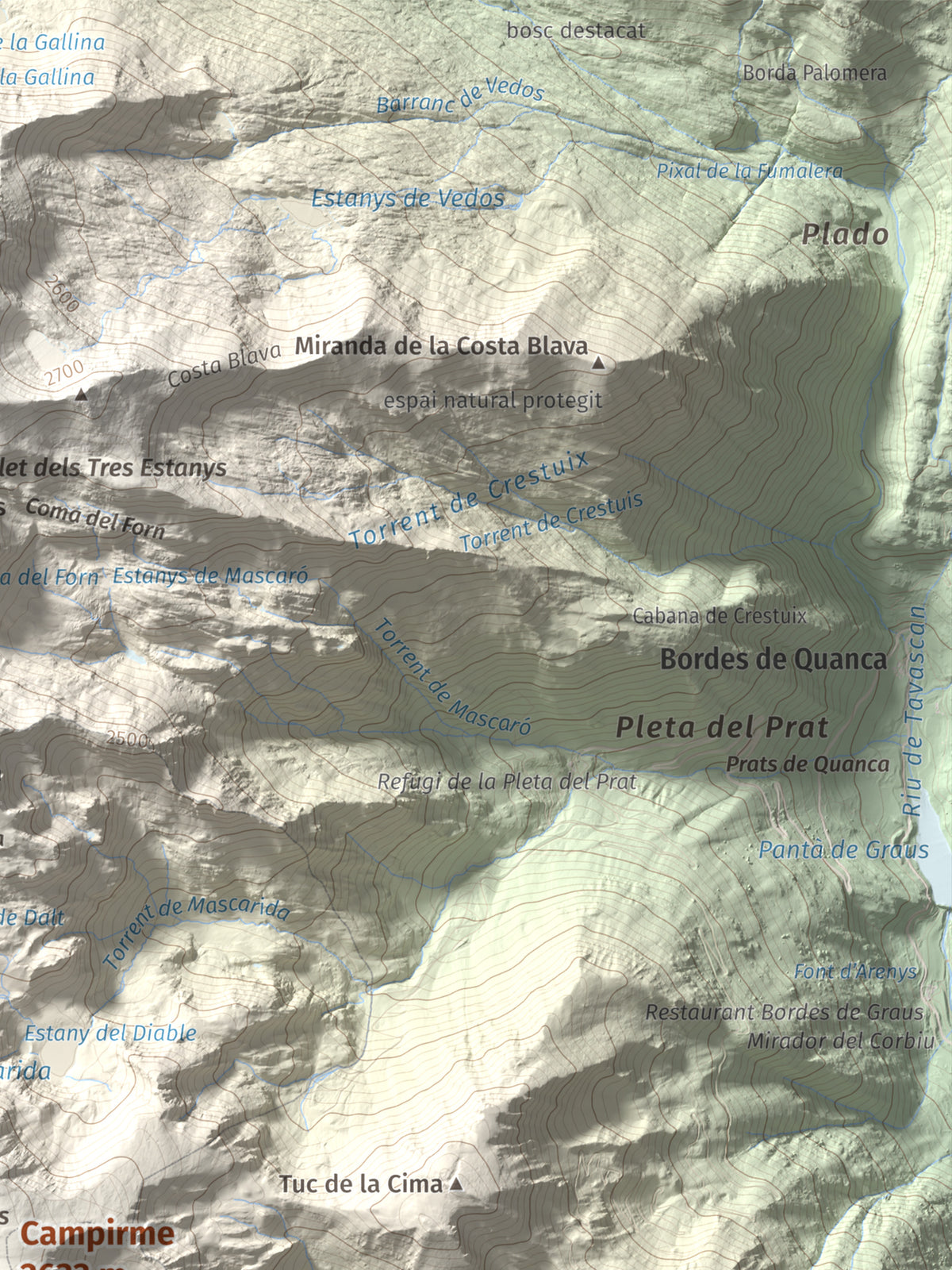 Mapa de relieve de Campirme, 2633 m, Pallars Sobirà, lámina 100 Cims de Trobart. Detalle de la zona superior derecha. 30 × 40 cm.