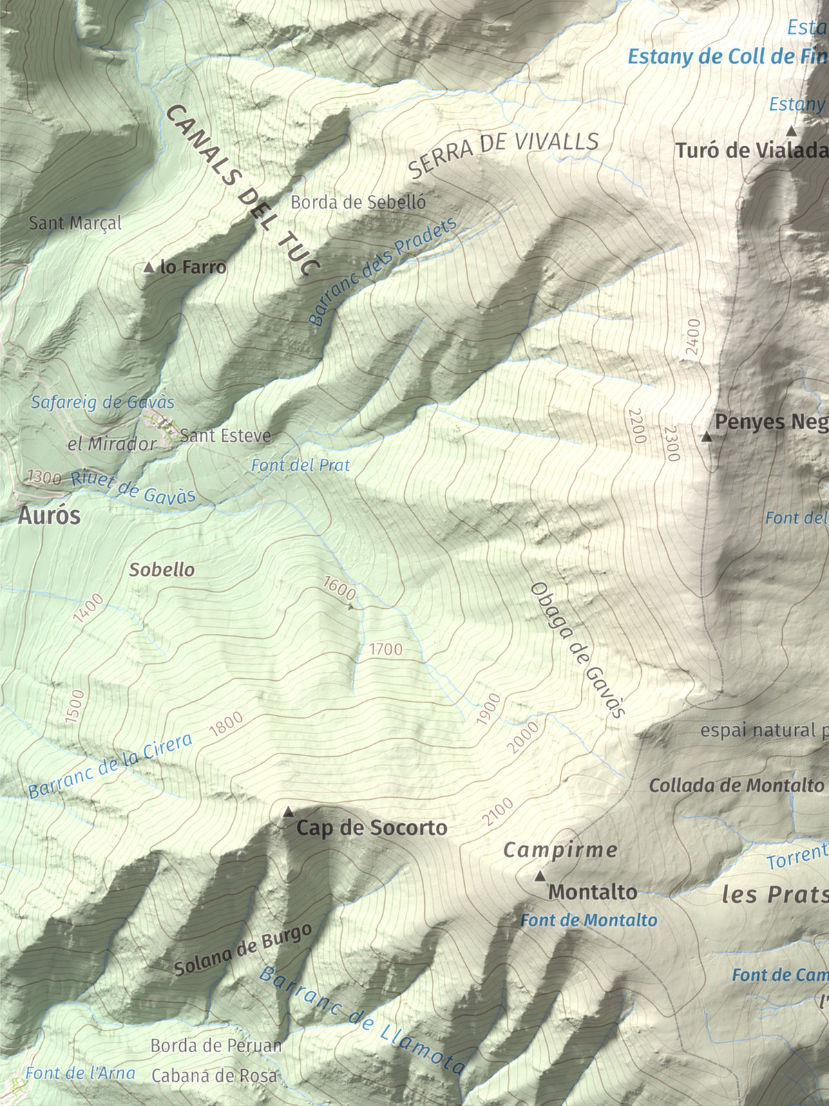 Mapa de relieve de Campirme, 2633 m, Pallars Sobirà, lámina 100 Cims de Trobart. Detalle de la zona inferior izquierda. 30 × 40 cm.