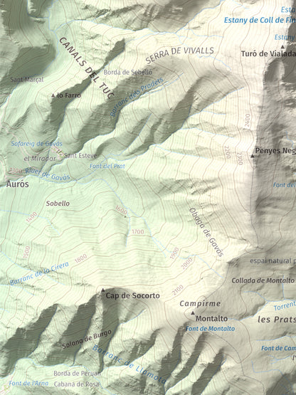 Mapa de relieve de Campirme, 2633 m, Pallars Sobirà, lámina 100 Cims de Trobart. Detalle de la zona inferior izquierda. 30 × 40 cm.