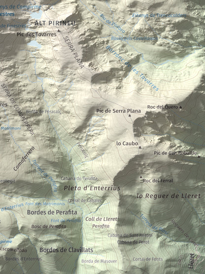 Mapa de relieve de Campirme, 2633 m, Pallars Sobirà, lámina 100 Cims de Trobart. Detalle de la zona inferior derecha. 30 × 40 cm.