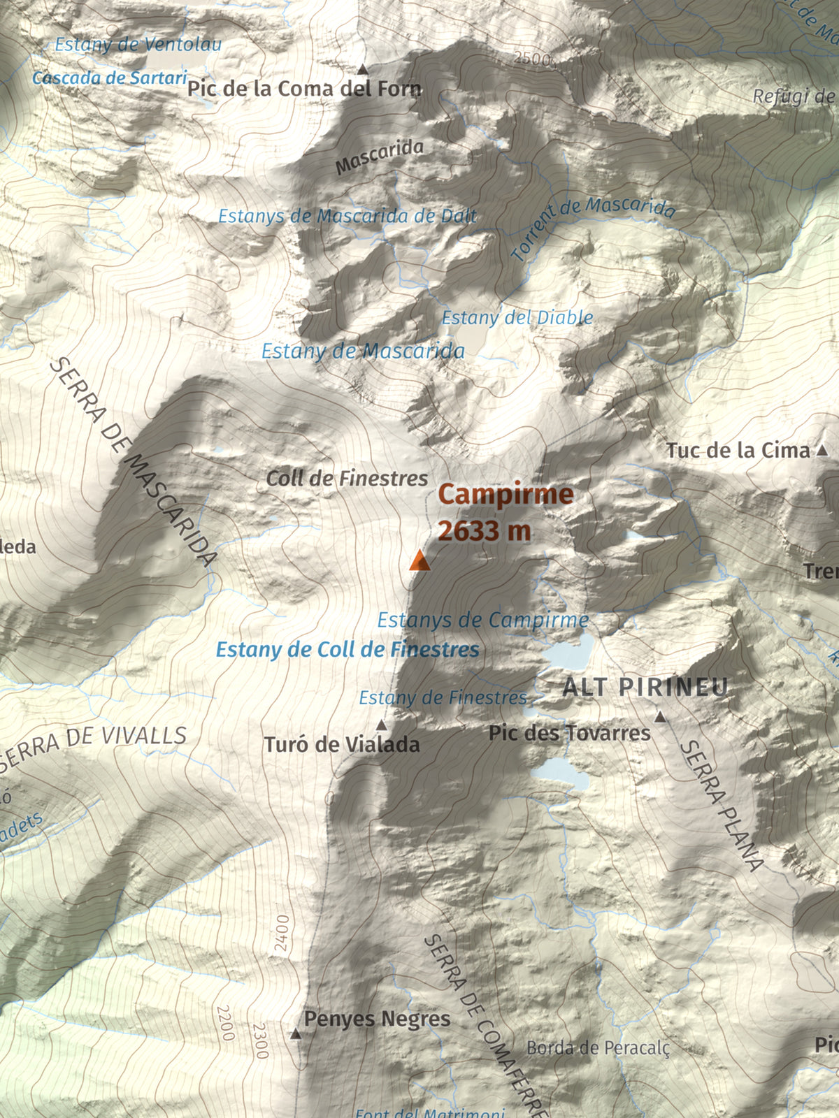 Mapa de relieve de Campirme, 2633 m, Pallars Sobirà, lámina 100 Cims de Trobart. Detalle de la zona central. 30 × 40 cm.