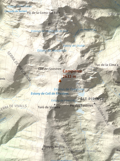 Mapa de relieve de Campirme, 2633 m, Pallars Sobirà, lámina 100 Cims de Trobart. Detalle de la zona central. 30 × 40 cm.