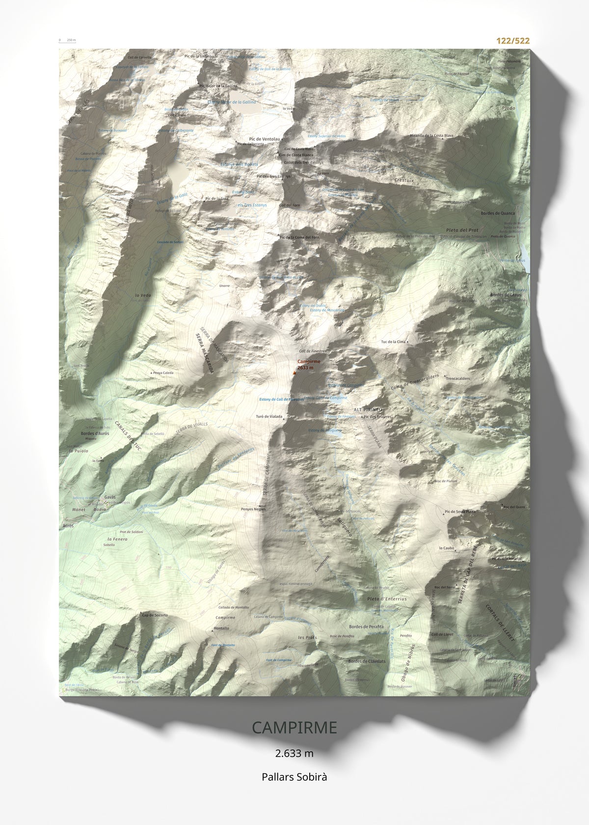 Mapa de relieve de Campirme, 2633 m, Pallars Sobirà, lámina 100 Cims de Trobart 50 × 70 cm.