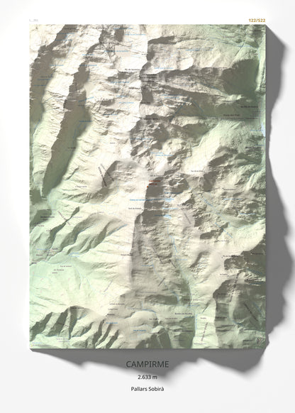 Mapa de relieve de Campirme, 2633 m, Pallars Sobirà, lámina 100 Cims de Trobart 50 × 70 cm.