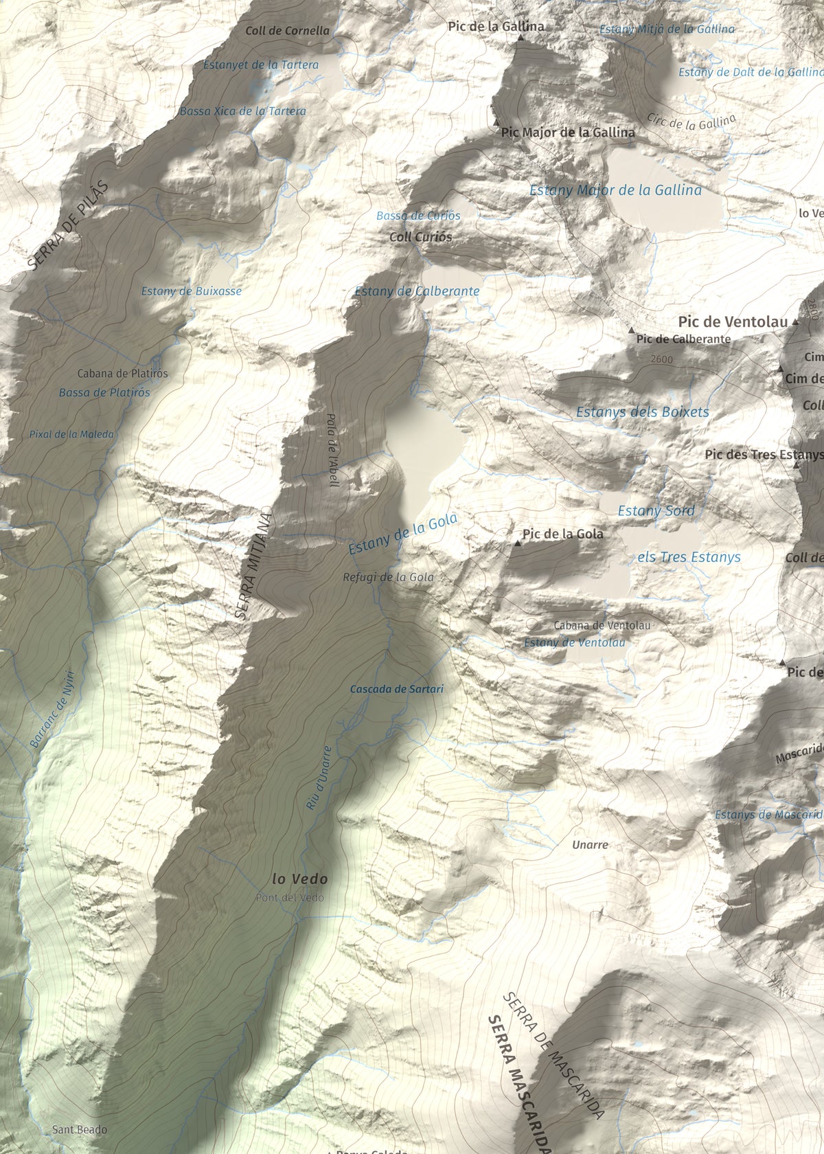 Mapa de relieve de Campirme, 2633 m, Pallars Sobirà, lámina 100 Cims de Trobart. Detalle de la zona superior izquierda. 50 × 70 cm.