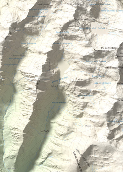 Mapa de relieve de Campirme, 2633 m, Pallars Sobirà, lámina 100 Cims de Trobart. Detalle de la zona superior izquierda. 50 × 70 cm.
