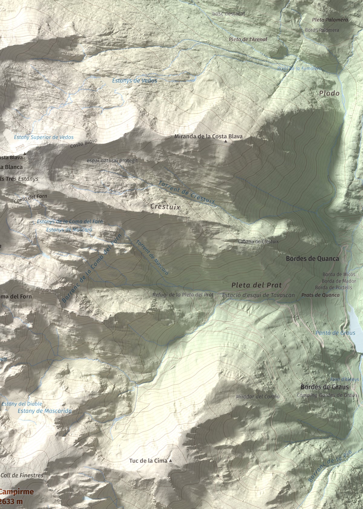 Mapa de relieve de Campirme, 2633 m, Pallars Sobirà, lámina 100 Cims de Trobart. Detalle de la zona superior derecha. 50 × 70 cm.