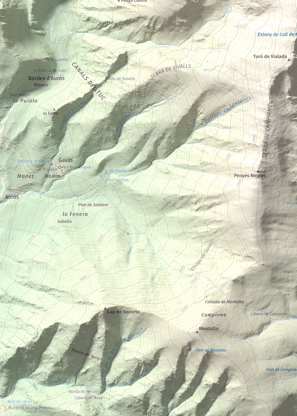 Mapa de relieve de Campirme, 2633 m, Pallars Sobirà, lámina 100 Cims de Trobart. Detalle de la zona inferior izquierda. 50 × 70 cm.