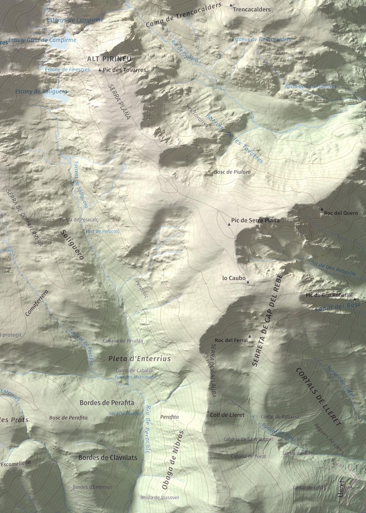 Mapa de relieve de Campirme, 2633 m, Pallars Sobirà, lámina 100 Cims de Trobart. Detalle de la zona inferior derecha. 50 × 70 cm.