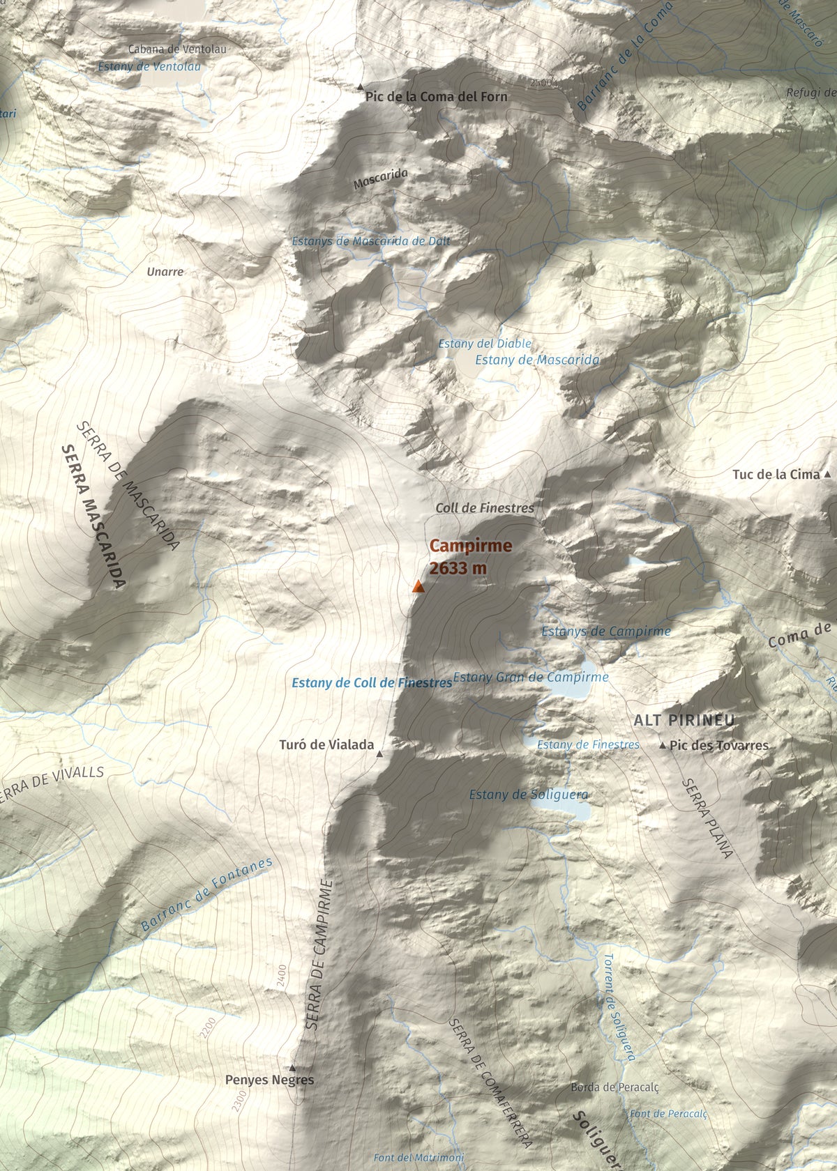 Mapa de relieve de Campirme, 2633 m, Pallars Sobirà, lámina 100 Cims de Trobart. Detalle de la zona central. 50 × 70 cm.
