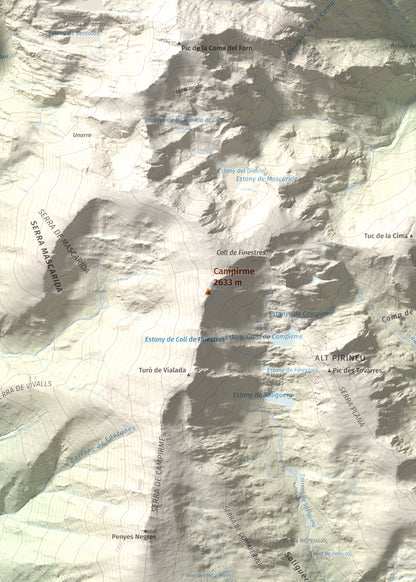 Mapa de relieve de Campirme, 2633 m, Pallars Sobirà, lámina 100 Cims de Trobart. Detalle de la zona central. 50 × 70 cm.